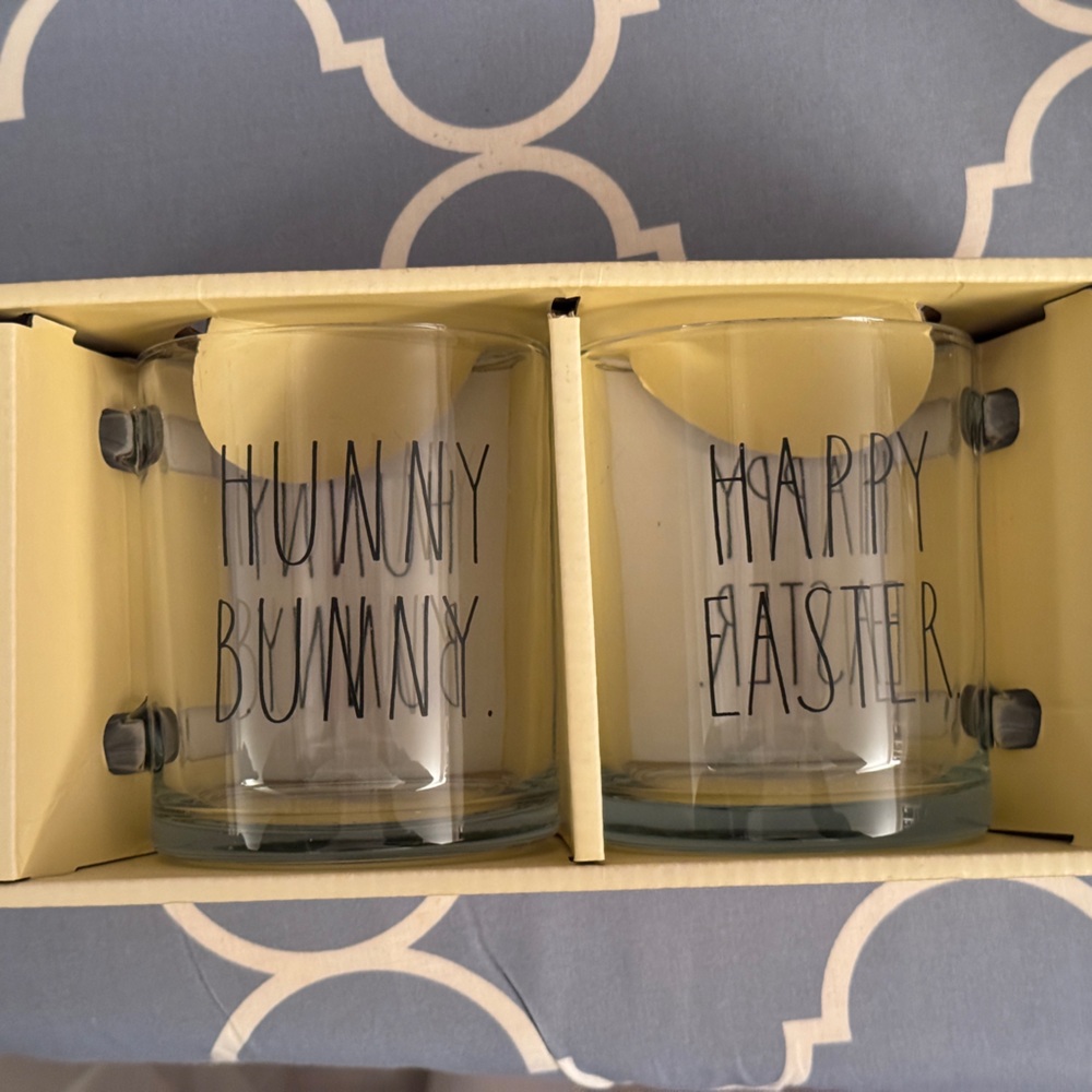 NWT Rae Dunn Clear Glass Easter Mugs - Hunny Bunny & Happy Easter